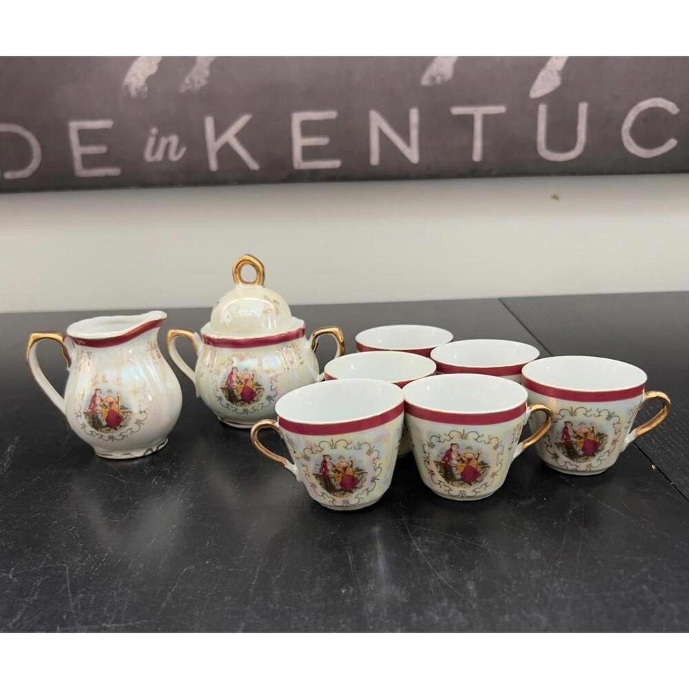 Vintage Italian Lusterware Tea Set Courting Couple Burgundy Gold 8pc OS